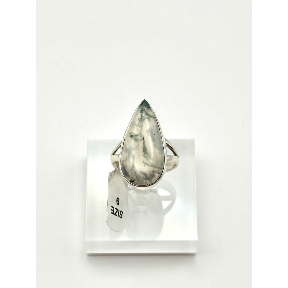Moss Agate Tear Drop Sterling Silver Handmade Ring Size 8.75‎